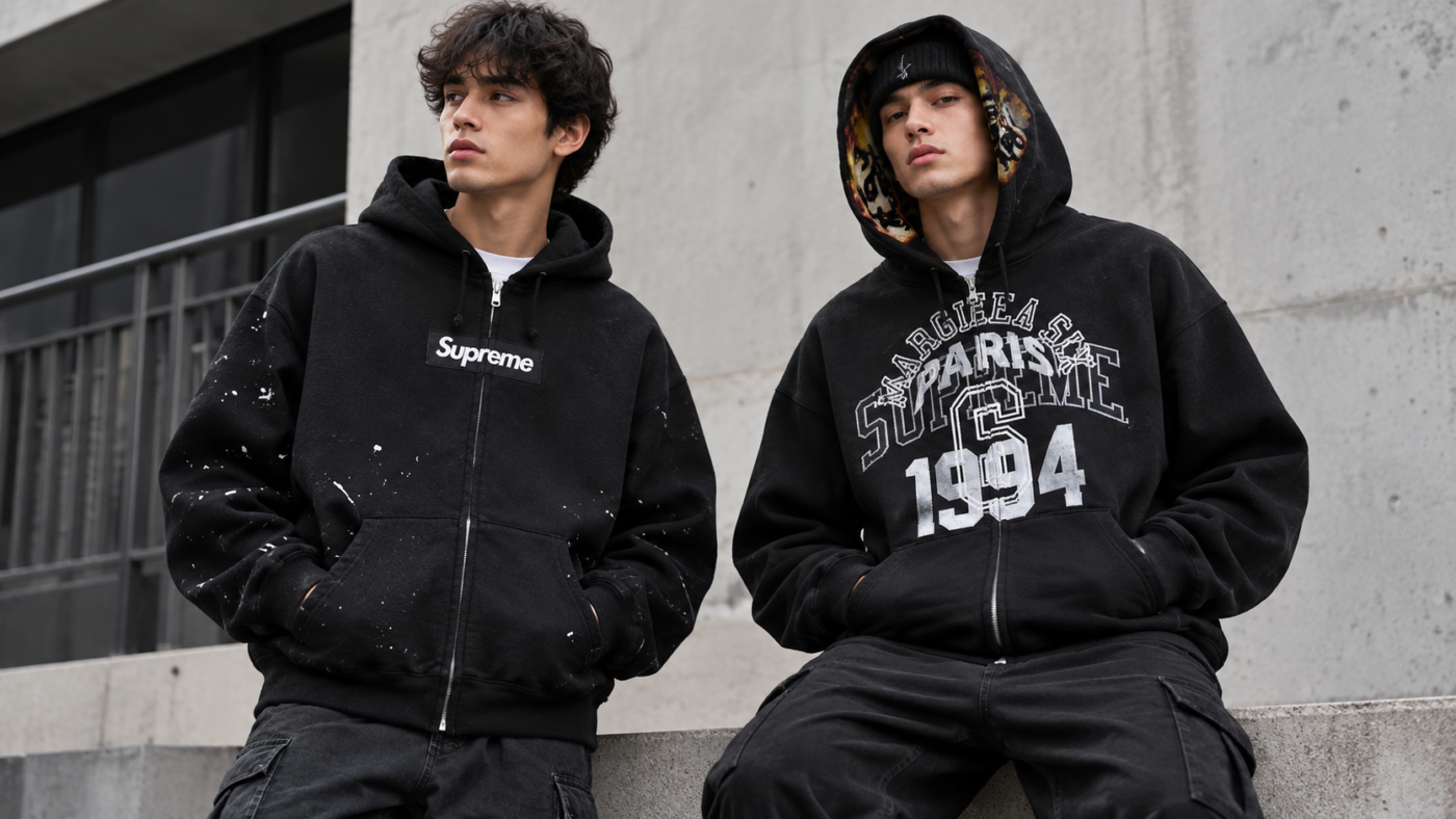 Black Supreme hoodies styled on two models in a modern streetwear look. Black Supreme hoodies styled on two models in a modern streetwear look.
